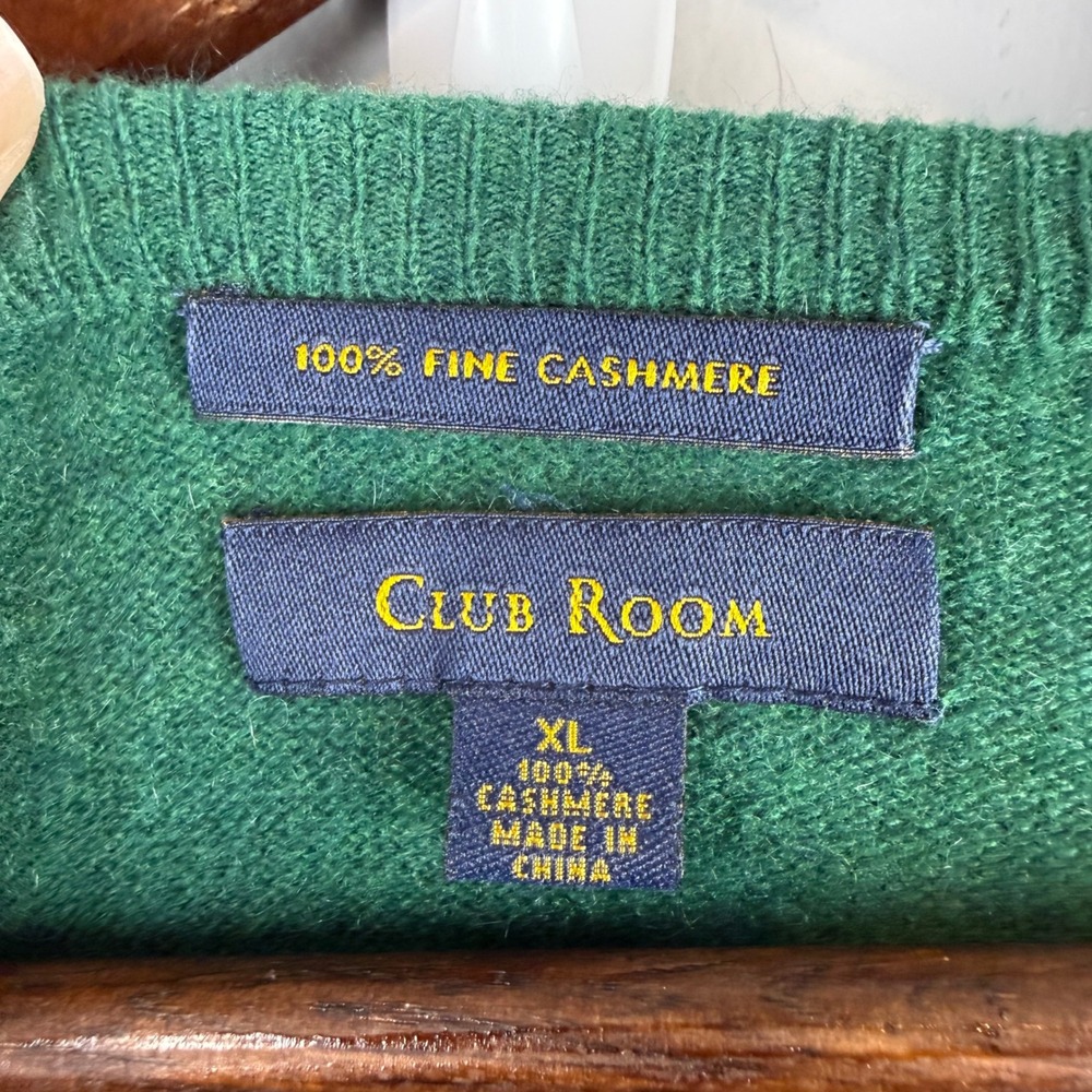 Club Room 100% Cashmere V Neck Sweater Men XL Green Quiet Luxury Academia Preppy - Picture 3 of 8